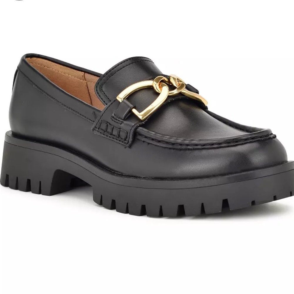 Nine West Gables Black Loafers with Gold Chain Accent